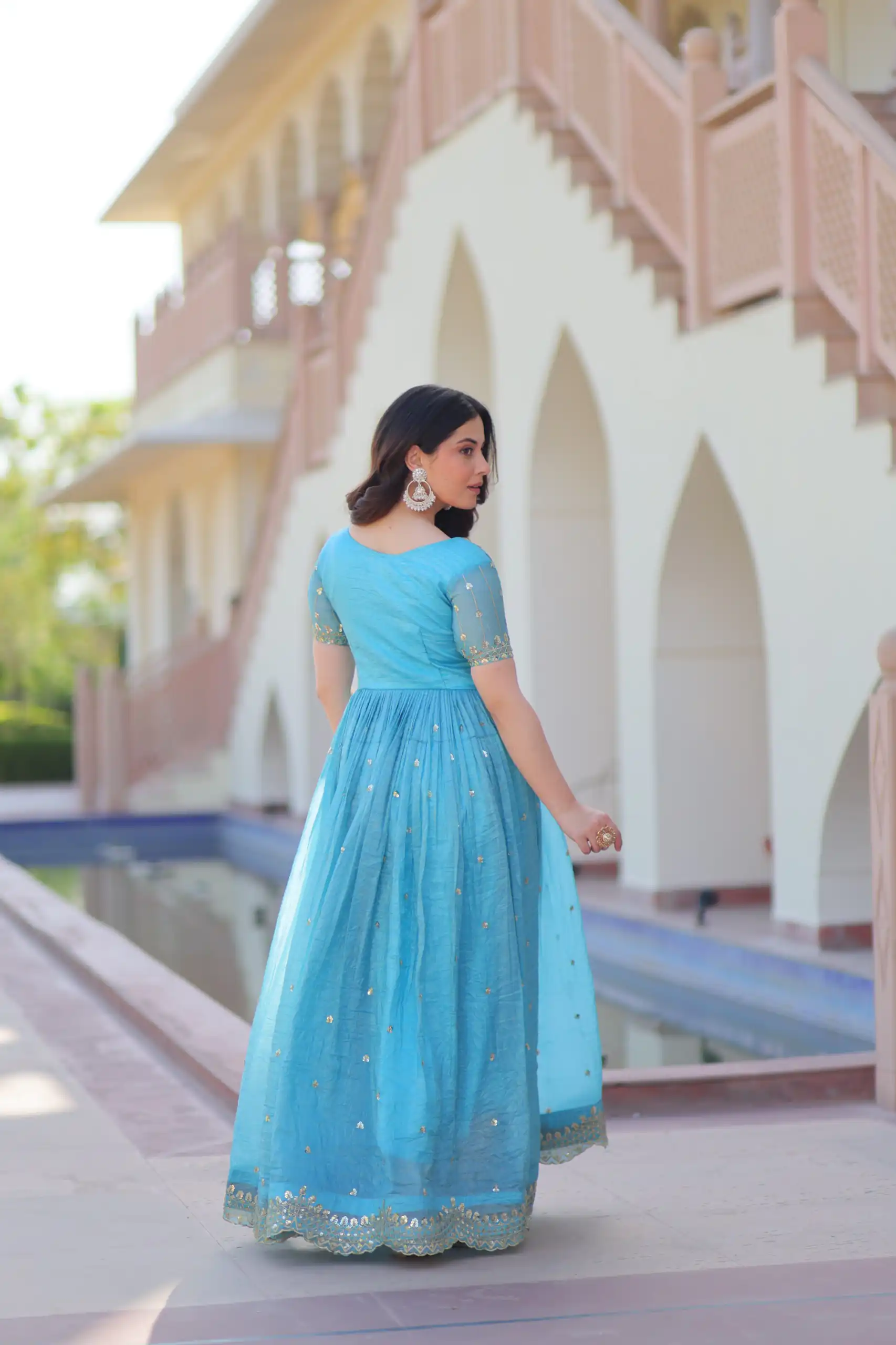 KA 1171 Sky Blue in Gold Crush Zari Work & Embroidery Work Gown . Affordable Price ₹1799. Delivery 4-6 Working Days. Shop now. | Gowns, Bollywood Gowns, Creative Gowns, Designer Gowns, Embroidered Gowns, Party Wear Gowns