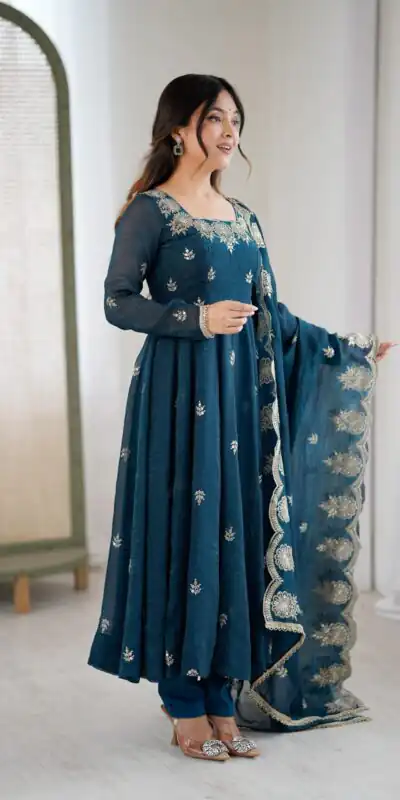 ZF 5011 Teal Crunchy Silk Gown with Embroidery Work. Wedding, Party, Festive, Events Best Price βΉ2099. Delivery 4-6 Working Days. Shop now. | Gowns, Bollywood Gowns, Creative Gowns, Designer Gowns, Embroidered Gowns, Party Wear Gowns