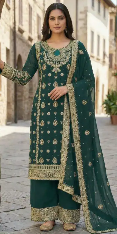 SRK 5231 Teal Color Pure Chinnon Silk With Embroidery Sequence Work Salwar Suit Casual, Wedding, Party, Festive, Events Etc.4-6 Working Days@ 2699/-only | Jump Suits, Salwar suit, Casual Suits, Creative suits, Designer Suits, Palazzo Suits, Party Wear Suits, Patiala Suits, Straight Suits
