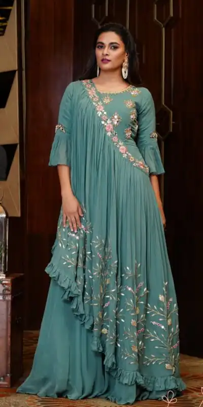 KT 190 Teal in Georgette. Mirror Work & Lace Work Gown Wedding, Party, Festive, Events, Now at just βΉ1949. Delivery 4-6 Working Days. Shop now. | Gowns, Bollywood Gowns, Creative Gowns, Designer Gowns, Embroidered Gowns, Party Wear Gowns