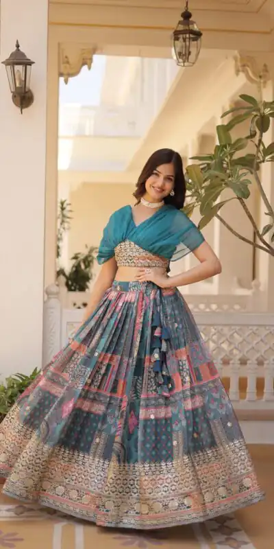 KA 5032 Teal Lehenga Choli Perfect for Wedding, Party, Temple Visit, Anniversary, Haldi β Best Price βΉ3149. Delivery 4-6 Working Days. Shop now. | Lehenga, Bollywood Lehenga, Creative Lehenga, Designer Lehenga, Embroidered Lehenga, Party Wear Lehenga