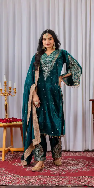 AD 134 Teal Color Heavy Pure Viscose Velvet Embroidery Sharara Suit Wedding, Party, Festive, Events Etc. Expected Delivery 4-6 Working Days @2099/- | Jump Suits, Salwar suit, Casual Suits, Creative suits, Designer Suits, Palazzo Suits, Party Wear Suits, Patiala Suits, Straight Suits