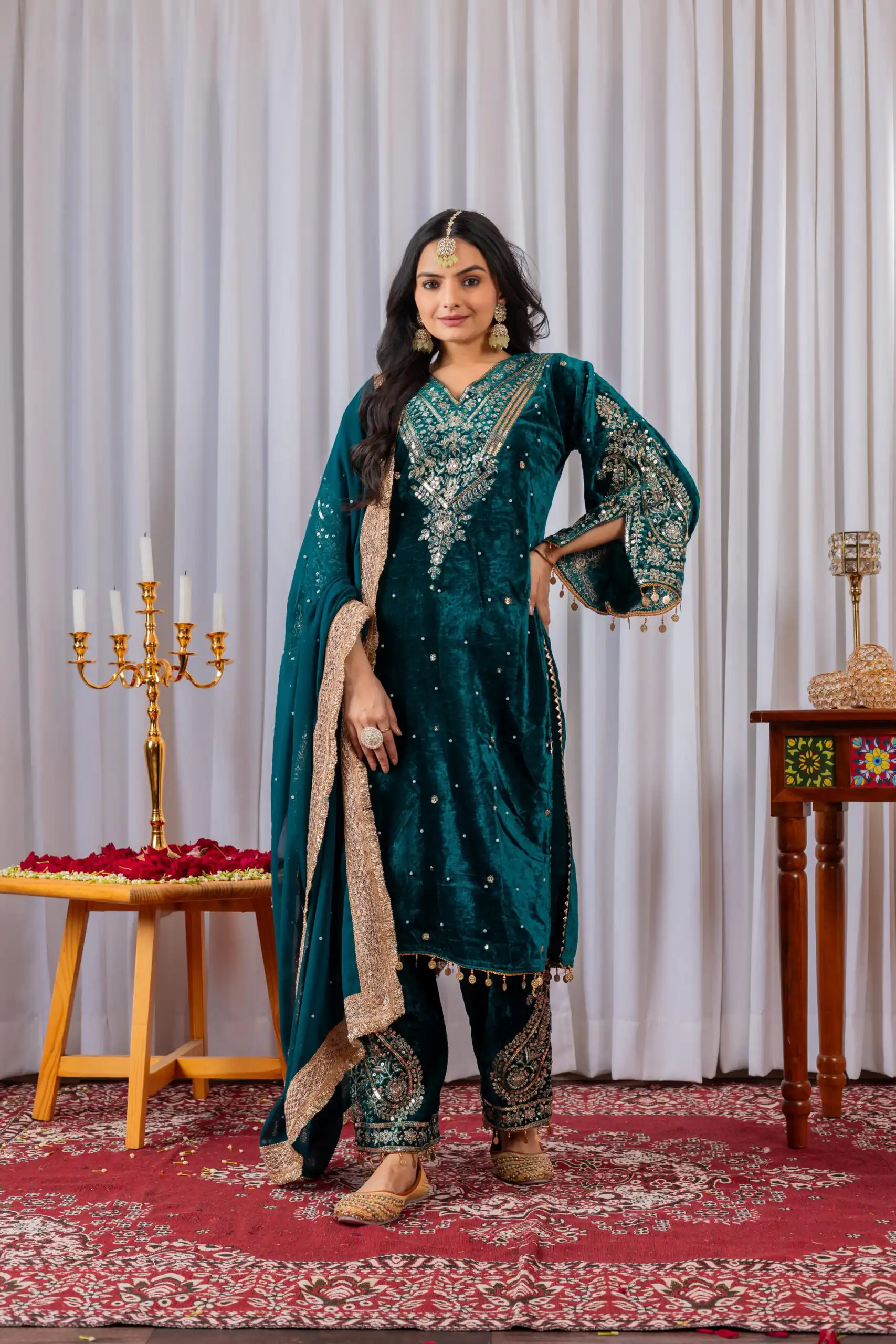 AD 134 Teal Color Heavy Pure Viscose Velvet Embroidery Sharara Suit Wedding, Party, Festive, Events Etc. Expected Delivery  4-6 Working Days @2099/- | Jump Suits, Salwar suit, Casual Suits, Creative suits, Designer Suits, Palazzo Suits, Party Wear Suits, Patiala Suits, Straight Suits
