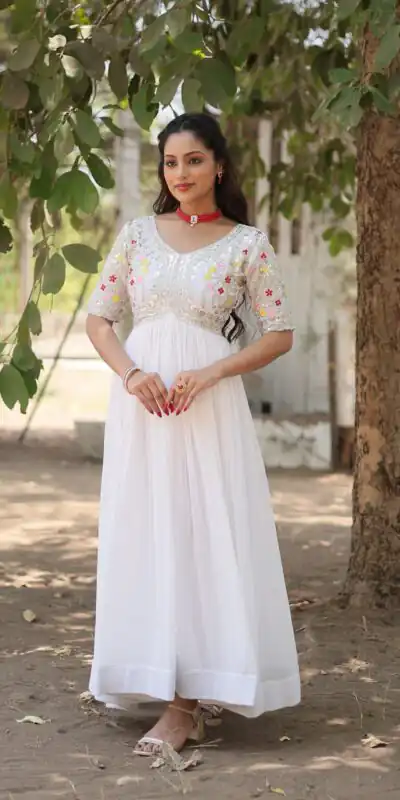 KA 1110 White Faux Blooming Gown Perfect for Wedding, Party, Holi, Lohri, Baby Shower – . Introductory Price ₹1649. Delivery 4-6 Working Days. Shop no | Gowns, Bollywood Gowns, Creative Gowns, Designer Gowns, Embroidered Gowns, Party Wear Gowns