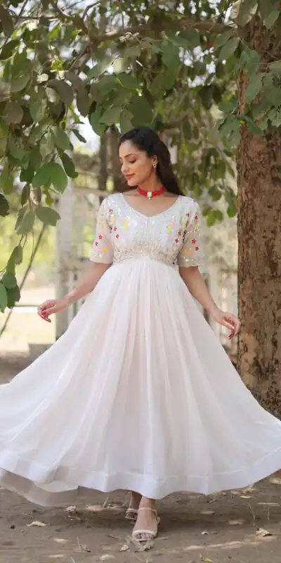 KA 1110 White Faux Blooming Gown Perfect for Wedding, Party, Holi, Lohri, Baby Shower β . Introductory Price βΉ1649. Delivery 4-6 Working Days. Shop no | Gowns, Bollywood Gowns, Creative Gowns, Designer Gowns, Embroidered Gowns, Party Wear Gowns