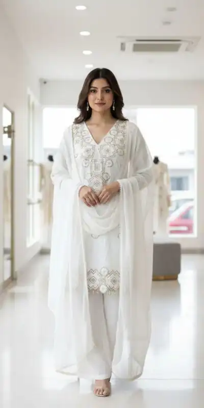 LG 2063 White Faux Georgette Salwar Suit with Sequins Work & Embroidery Work. Introductory Price ₹2149. Delivery 4-6 Working Days. Shop now. | Jump Suits, Salwar suit, Casual Suits, Creative suits, Designer Suits, Palazzo Suits, Party Wear Suits, Patiala Suits, Straight Suits