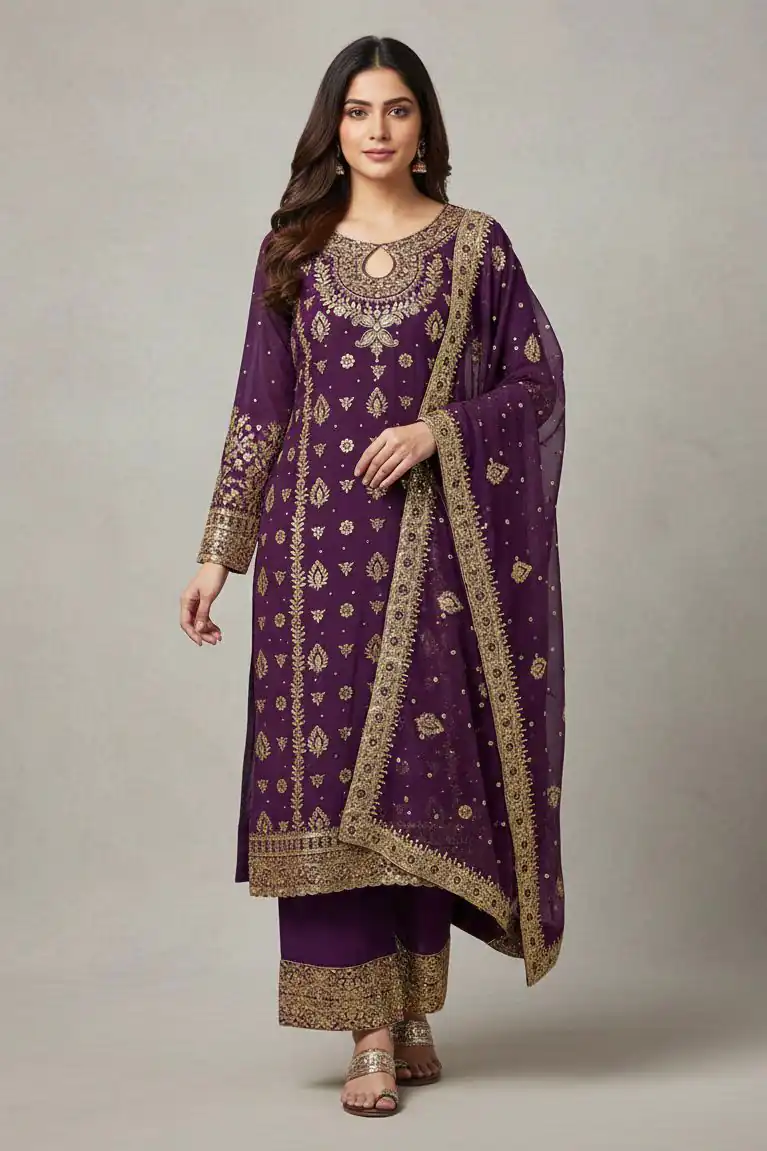 SRK 5231 Wine Color Pure Chinon Silk With Embroidery Sequence Work Salwar Suit Casual, Wedding, Party, Festive, Events Etc.4-6 Working Days@ 2699/-only | Jump Suits, Salwar suit, Casual Suits, Creative suits, Designer Suits, Palazzo Suits, Party Wear Suits, Patiala Suits, Straight Suits