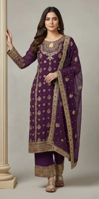 SRK 5231 Wine Color Pure Chinon Silk With Embroidery Sequence Work Salwar Suit Casual, Wedding, Party, Festive, Events Etc.4-6 Working Days@ 2699/-only | Jump Suits, Salwar suit, Casual Suits, Creative suits, Designer Suits, Palazzo Suits, Party Wear Suits, Patiala Suits, Straight Suits