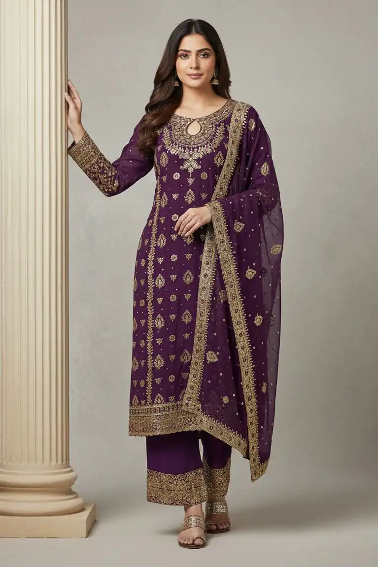 SRK 5231 Wine Color Pure Chinon Silk With Embroidery Sequence Work Salwar Suit Casual, Wedding, Party, Festive, Events Etc.4-6 Working Days@ 2699/-only | Jump Suits, Salwar suit, Casual Suits, Creative suits, Designer Suits, Palazzo Suits, Party Wear Suits, Patiala Suits, Straight Suits