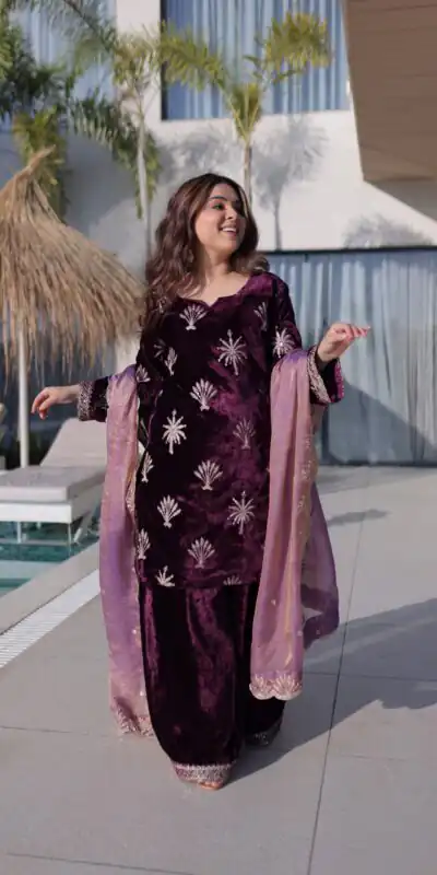 KA 1220 Wine Ice Velvet Salwar Suit with Embroidery Work & Zari Work. Exclusive Offer ₹2499. Delivery 4-6 Working Days. Shop now. | Jump Suits, Salwar suit, Casual Suits, Creative suits, Designer Suits, Palazzo Suits, Party Wear Suits, Patiala Suits, Straight Suits