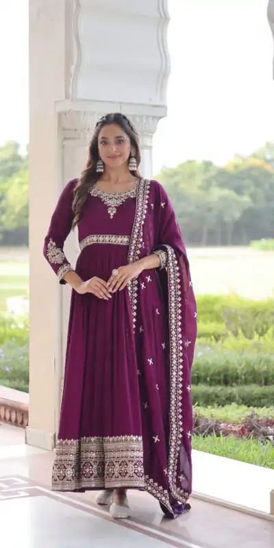 KA 1215 Wine Vichitra Silk Gown Perfect for Wedding, Party, Holi, Anniversary, Mehendi β. Grab it for βΉ2449. Delivery 4-6 Working Days. Shop now. | Gowns, Bollywood Gowns, Creative Gowns, Designer Gowns, Embroidered Gowns, Party Wear Gowns