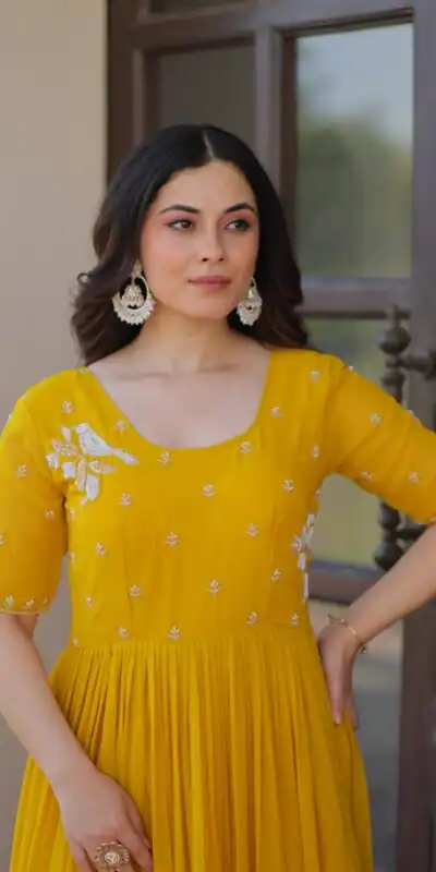 KA 1173 Yellow Faux Blooming Gown Perfect for Wedding, Party, Eid, Pooja, Baisakhi – . Now at just ₹1849. Delivery 4-6 Working Days. Shop now. | Gowns, Bollywood Gowns, Creative Gowns, Designer Gowns, Embroidered Gowns, Party Wear Gowns