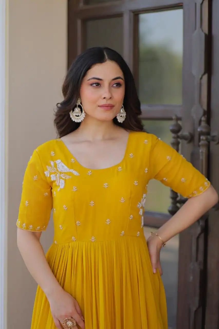 KA 1173 Yellow Faux Blooming Gown Perfect for Wedding, Party, Eid, Pooja, Baisakhi – . Now at just ₹1849. Delivery 4-6 Working Days. Shop now. | Gowns, Bollywood Gowns, Creative Gowns, Designer Gowns, Embroidered Gowns, Party Wear Gowns