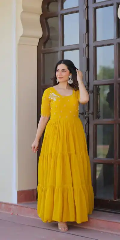 KA 1173 Yellow Faux Blooming Gown Perfect for Wedding, Party, Eid, Pooja, Baisakhi – . Now at just ₹1849. Delivery 4-6 Working Days. Shop now. | Gowns, Bollywood Gowns, Creative Gowns, Designer Gowns, Embroidered Gowns, Party Wear Gowns