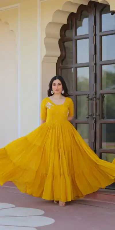 KA 1173 Yellow Faux Blooming Gown Perfect for Wedding, Party, Eid, Pooja, Baisakhi β . Now at just βΉ1849. Delivery 4-6 Working Days. Shop now. | Gowns, Bollywood Gowns, Creative Gowns, Designer Gowns, Embroidered Gowns, Party Wear Gowns