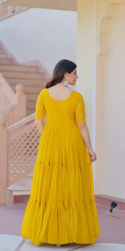 KA 1173 Yellow Faux Blooming Gown Perfect for Wedding, Party, Eid, Pooja, Baisakhi – . Now at just ₹1849. Delivery 4-6 Working Days. Shop now. | Gowns, Bollywood Gowns, Creative Gowns, Designer Gowns, Embroidered Gowns, Party Wear Gowns