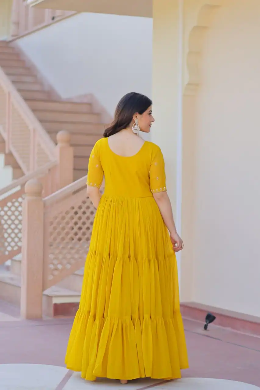 KA 1173 Yellow Faux Blooming Gown Perfect for Wedding, Party, Eid, Pooja, Baisakhi – . Now at just ₹1849. Delivery 4-6 Working Days. Shop now. | Gowns, Bollywood Gowns, Creative Gowns, Designer Gowns, Embroidered Gowns, Party Wear Gowns