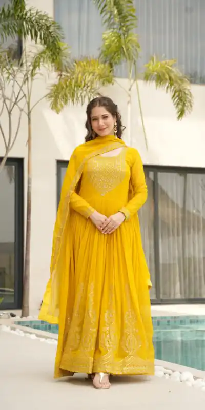 KA 1162 Yellow Faux Blooming Gown with Embroidery Work & Zari Work. Available at ₹2649 only. Delivery 4-6 Working Days. Shop now. | Gowns, Bollywood Gowns, Creative Gowns, Designer Gowns, Embroidered Gowns, Party Wear Gowns