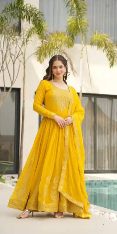 KA 1162 Yellow Faux Blooming Gown with Embroidery Work & Zari Work. Available at βΉ2649 only. Delivery 4-6 Working Days. Shop now. | Gowns, Bollywood Gowns, Creative Gowns, Designer Gowns, Embroidered Gowns, Party Wear Gowns