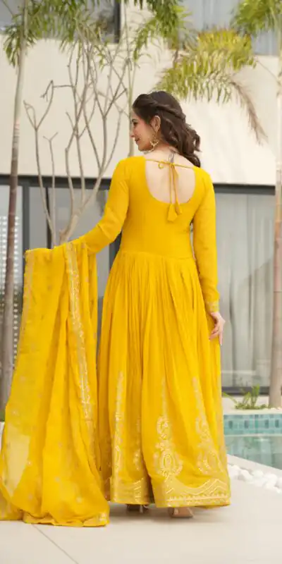KA 1162 Yellow Faux Blooming Gown with Embroidery Work & Zari Work. Available at ₹2649 only. Delivery 4-6 Working Days. Shop now. | Gowns, Bollywood Gowns, Creative Gowns, Designer Gowns, Embroidered Gowns, Party Wear Gowns