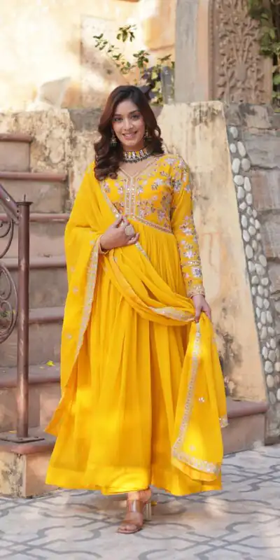 KA 1147 Yellow Faux Blooming Gown with Embroidery Work & Zari Work. Affordable Price ₹2049. Delivery 4-6 Working Days. Shop now. | Gowns, Bollywood Gowns, Creative Gowns, Designer Gowns, Embroidered Gowns, Party Wear Gowns