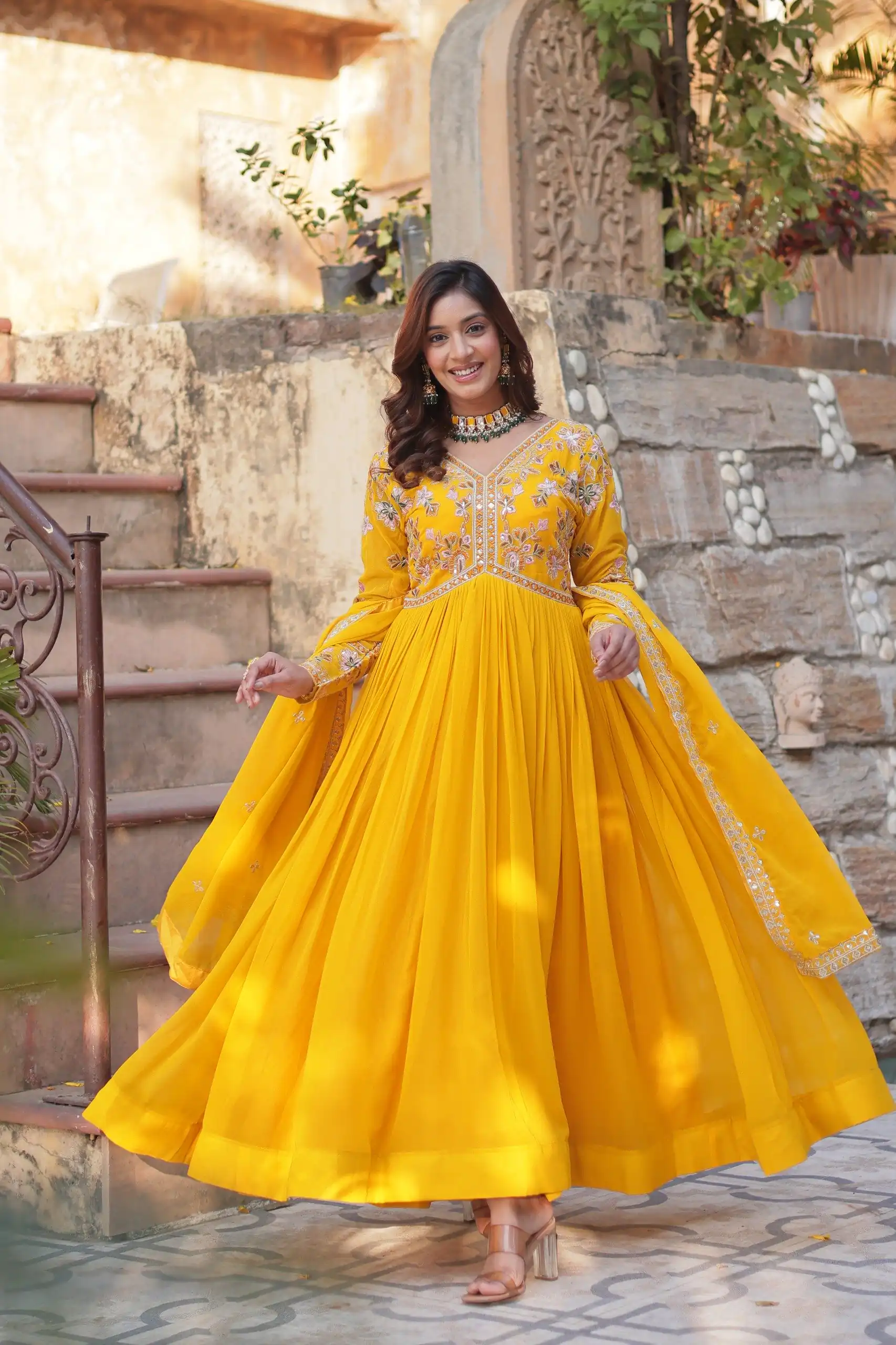 KA 1147 Yellow Faux Blooming Gown with Embroidery Work & Zari Work. Affordable Price ₹2049. Delivery 4-6 Working Days. Shop now. | Gowns, Bollywood Gowns, Creative Gowns, Designer Gowns, Embroidered Gowns, Party Wear Gowns