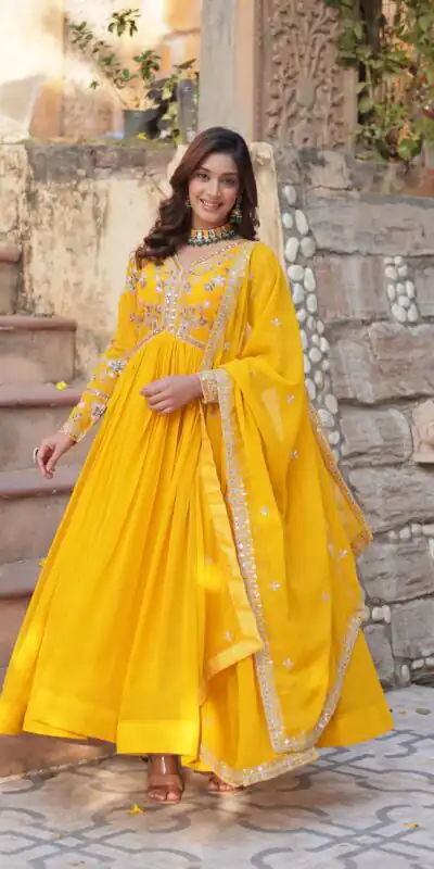 KA 1147 Yellow Faux Blooming Gown with Embroidery Work & Zari Work. Affordable Price βΉ2049. Delivery 4-6 Working Days. Shop now. | Gowns, Bollywood Gowns, Creative Gowns, Designer Gowns, Embroidered Gowns, Party Wear Gowns