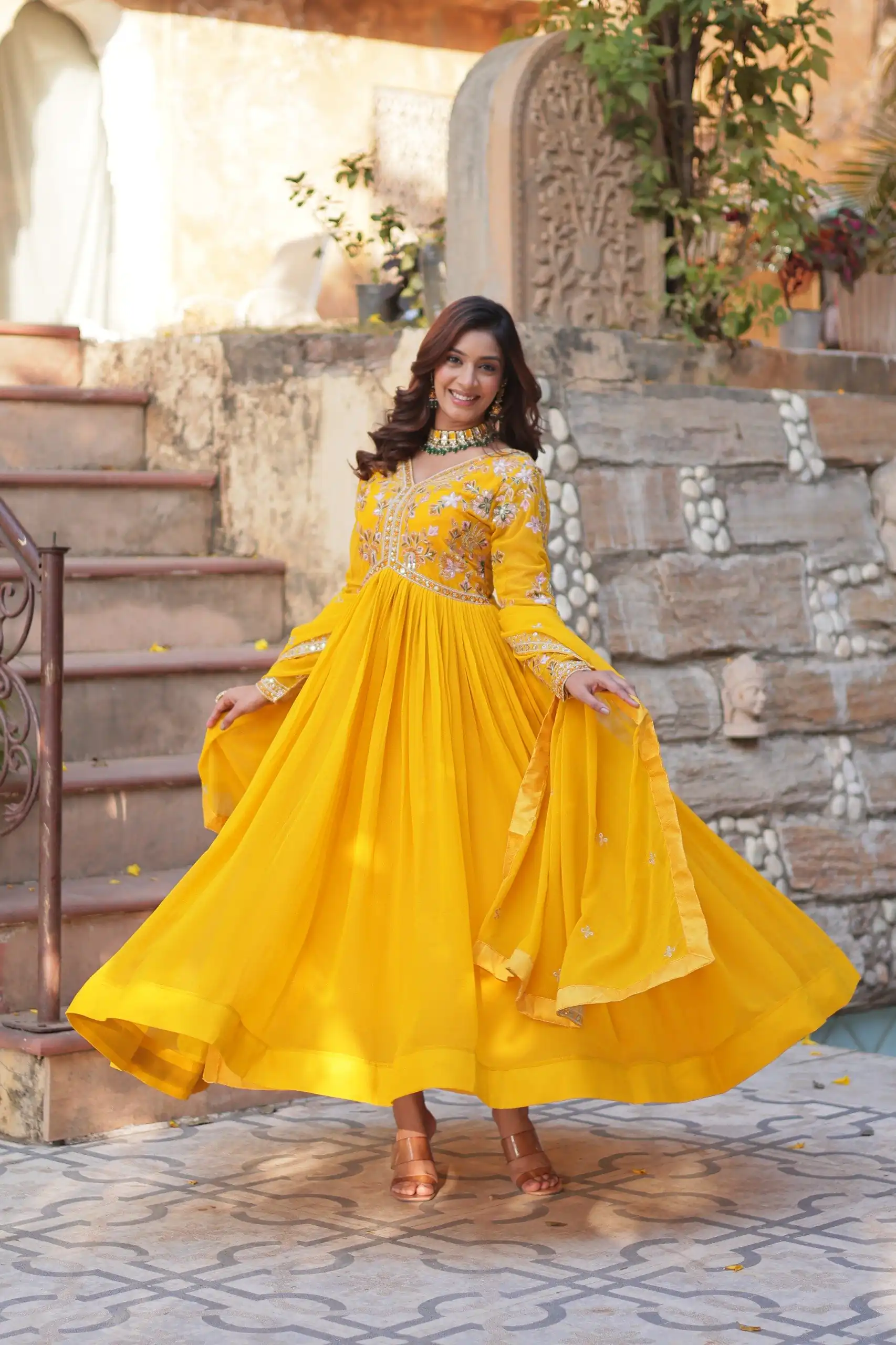 KA 1147 Yellow Faux Blooming Gown with Embroidery Work & Zari Work. Affordable Price ₹2049. Delivery 4-6 Working Days. Shop now. | Gowns, Bollywood Gowns, Creative Gowns, Designer Gowns, Embroidered Gowns, Party Wear Gowns