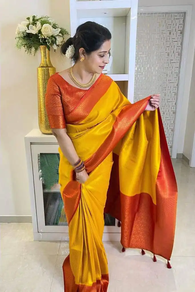 KPR 149 Yellow in Soft Lichi Silk Lace Work & Lace Border Saree. Affordable Price ₹1449. Delivery 4-6 Working Days. Shop now. | Sarees, Bollywood Sarees, Creative Sarees, Designer Sarees, Embroidered Sarees, Ethnic Saree, Modern Digital sarees, Party Wear Sarees