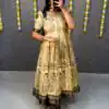 MF 666 Yellow Malai Satin Gown with Digital Print & Kalamkari Print. Now at just ₹1499. Delivery 4-6 Working Days. Shop now. | Gowns, Bollywood Gowns, Creative Gowns, Designer Gowns, Embroidered Gowns, Party Wear Gowns