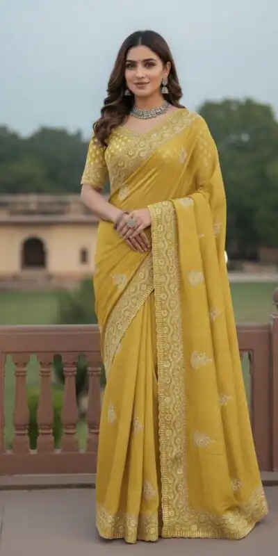 JR 654 Yellow Color Soft Gold Crush Saree with Embroidery Work. Affordable Price ₹2049. Delivery 4-6 Working Days. Shop now. | Sarees, Bollywood Sarees, Creative Sarees, Designer Sarees, Embroidered Sarees, Ethnic Saree, Modern Digital sarees, Party Wear Sarees