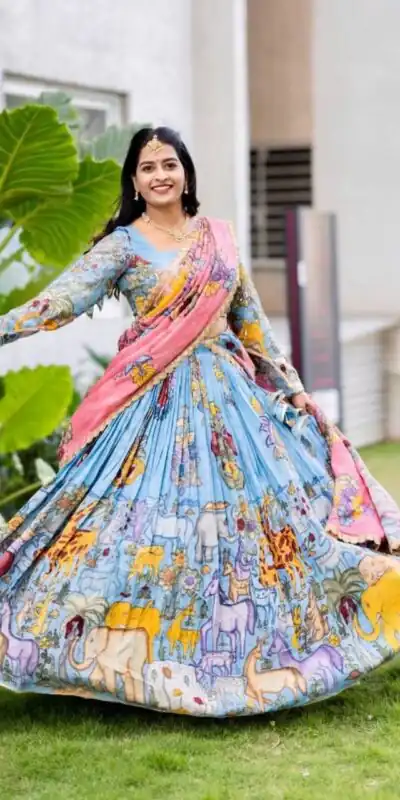 PC 546 Blue in Cotton. Kalamkari Print Lehenga Choli Wedding, Party, Festive, Events, Now at just ₹2099. Delivery 4-6 Working Days. Shop now. | Lehenga, Bollywood Lehenga, Creative Lehenga, Designer Lehenga, Embroidered Lehenga, Party Wear Lehenga