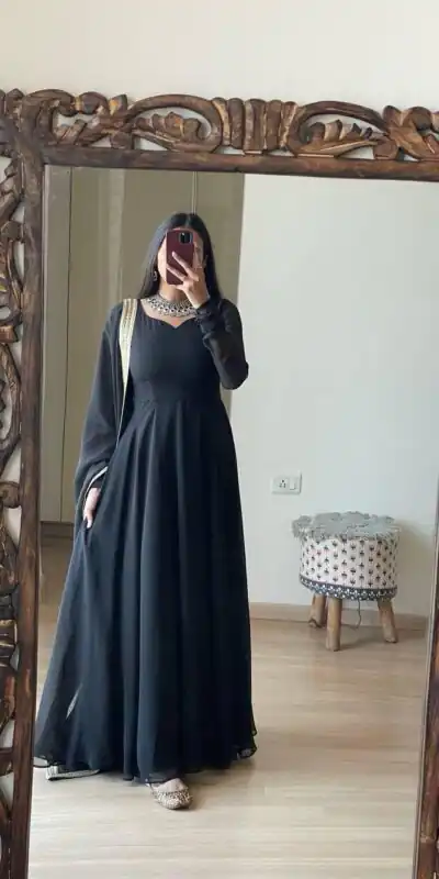 FB L226 Black Faux Georgette Gown Perfect for Wedding, Party, Makar Sankranti, Karwa Chauth, Ethnic Day β . Now at just βΉ1799. Delivery 4-6 Working D | Gowns, Bollywood Gowns, Creative Gowns, Designer Gowns, Embroidered Gowns, Party Wear Gowns