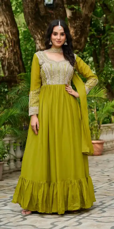 KA 1151 Green Faux Georgette Gown Perfect for Wedding, Party, Makar Sankranti, Karwa Chauth, Ethnic Day β . Now at just βΉ2399. Delivery 4-6 Working D | Gowns, Bollywood Gowns, Creative Gowns, Designer Gowns, Embroidered Gowns, Party Wear Gowns