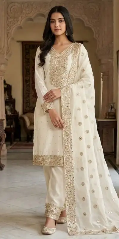 JF 040 Off White Fendy Silk Salwar Suitwith Embroidery Work & Lace Work. Now at just ₹2049. Delivery 4-6 Working Days. Shop now. | Jump Suits, Salwar suit, Casual Suits, Creative suits, Designer Suits, Palazzo Suits, Party Wear Suits, Patiala Suits, Straight Suits