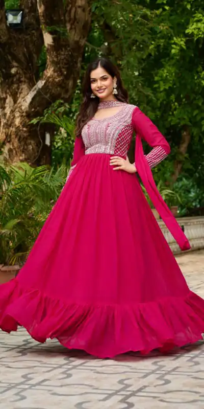 KA 1151 Pink Faux Georgette Gown Perfect for Wedding, Party, Makar Sankranti, Karwa Chauth, Ethnic Day β . Now at just βΉ2399. Delivery 4-6 Working D | Gowns, Bollywood Gowns, Creative Gowns, Designer Gowns, Embroidered Gowns, Party Wear Gowns