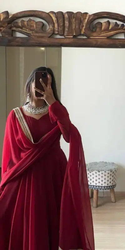 FB L226 Red Faux Georgette Gown Perfect for Wedding, Party, Makar Sankranti, Karwa Chauth, Ethnic Day – . Now at just ₹1799. Delivery 4-6 Working D | Gowns, Bollywood Gowns, Creative Gowns, Designer Gowns, Embroidered Gowns, Party Wear Gowns