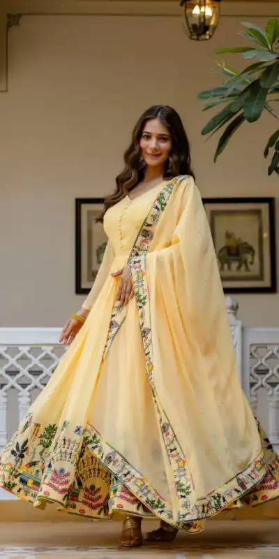 RR 41 Yellow Faux Georgette Gown Perfect for Wedding, Party, Makar Sankranti, Karwa Chauth, Ethnic Day β . Now at just βΉ2599. Delivery 4-6 Working D | Gowns, Bollywood Gowns, Creative Gowns, Designer Gowns, Embroidered Gowns, Party Wear Gowns