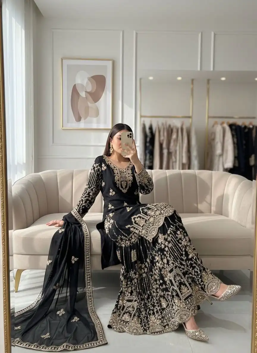 WW 1250 Black Faux Georgette With 5 mm Sequence Work Salwar Suit Wedding, Party, Festive, Events Etc. Expected Delivery 4-6 Working Days @2399/- | Jump Suits, Salwar suit, Casual Suits, Creative suits, Designer Suits, Palazzo Suits, Party Wear Suits, Patiala Suits, Straight Suits