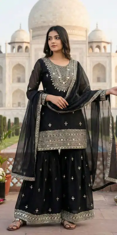 ZSR 3160 Black Zimmy Silk Salwar Suit with Embroidery Work & Mirror Work. Grab it for ₹2399. Delivery 4-6 Working Days. Shop now. | Jump Suits, Salwar suit, Casual Suits, Creative suits, Designer Suits, Palazzo Suits, Party Wear Suits, Patiala Suits, Straight Suits
