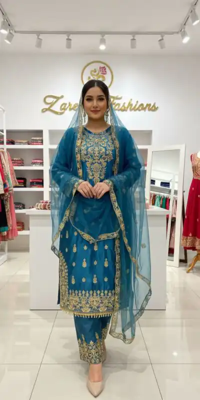 LG 2065 Blue Chinon Salwar Suit with Embroidery Work. Wedding, Party, Festive, Events, Grab it for ₹2449. Delivery 4-6 Working Days. Shop now. | Jump Suits, Salwar suit, Casual Suits, Creative suits, Designer Suits, Palazzo Suits, Party Wear Suits, Patiala Suits, Straight Suits