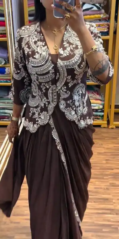 ST 1035 Brown Color Faux Georgette Saree with Embroidery Work. Wedding, Party, Festive, Festive Deal ₹2049. Delivery 4-6 Working Days. Shop now. | Sarees, Bollywood Sarees, Creative Sarees, Designer Sarees, Embroidered Sarees, Ethnic Saree, Modern Digital sarees, Party Wear Sarees