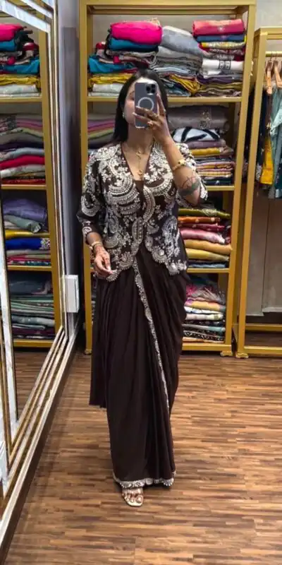 ST 1035 Brown Color Faux Georgette Saree with Embroidery Work. Wedding, Party, Festive, Festive Deal ₹2049. Delivery 4-6 Working Days. Shop now. | Sarees, Bollywood Sarees, Creative Sarees, Designer Sarees, Embroidered Sarees, Ethnic Saree, Modern Digital sarees, Party Wear Sarees