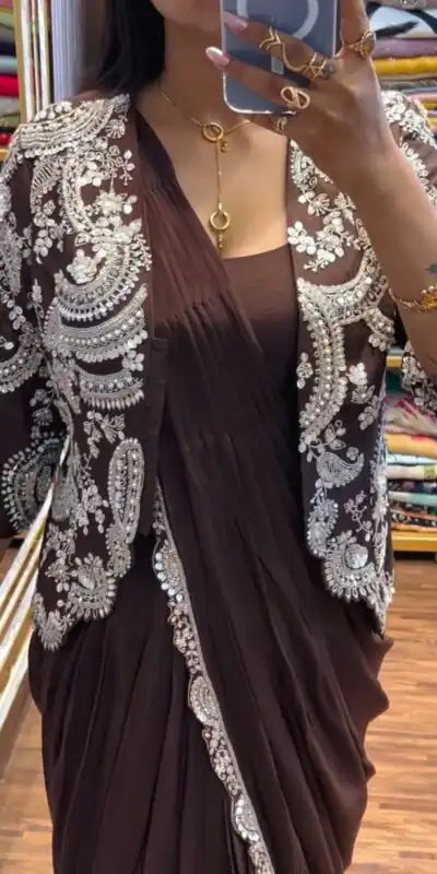 ST 1035 Brown Color Faux Georgette Saree with Embroidery Work. Wedding, Party, Festive, Festive Deal ₹2049. Delivery 4-6 Working Days. Shop now. | Sarees, Bollywood Sarees, Creative Sarees, Designer Sarees, Embroidered Sarees, Ethnic Saree, Modern Digital sarees, Party Wear Sarees