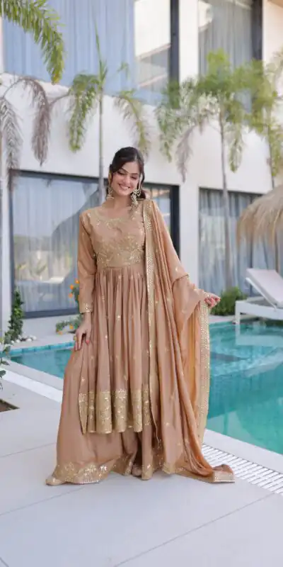 KA 1233 Chiku Super Silk Salwar SuitPerfect for Wedding, Party, Sangeet, Family Gatherings, Reception – . Festive Deal ₹2649. Delivery 4-6 Working Da | Jump Suits, Salwar suit, Casual Suits, Creative suits, Designer Suits, Palazzo Suits, Party Wear Suits, Patiala Suits, Straight Suits