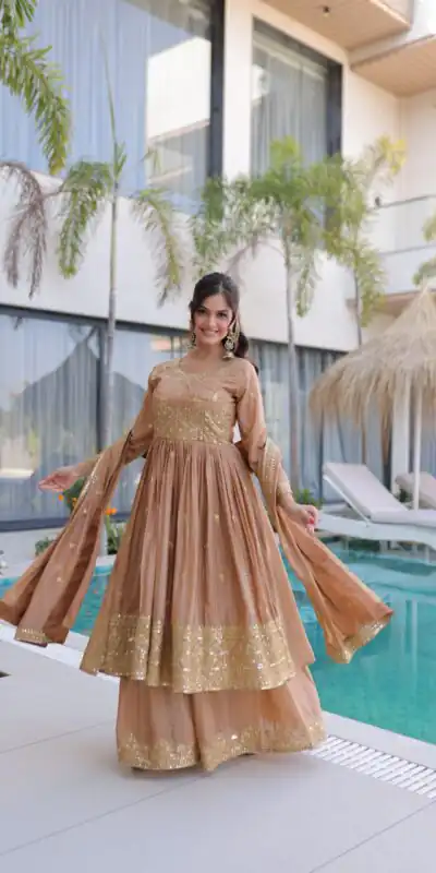 KA 1233 Chiku Super Silk Salwar SuitPerfect for Wedding, Party, Sangeet, Family Gatherings, Reception – . Festive Deal ₹2649. Delivery 4-6 Working Da | Jump Suits, Salwar suit, Casual Suits, Creative suits, Designer Suits, Palazzo Suits, Party Wear Suits, Patiala Suits, Straight Suits