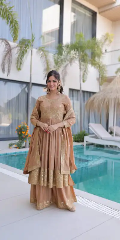 KA 1233 Chiku Super Silk Salwar SuitPerfect for Wedding, Party, Sangeet, Family Gatherings, Reception – . Festive Deal ₹2649. Delivery 4-6 Working Da | Jump Suits, Salwar suit, Casual Suits, Creative suits, Designer Suits, Palazzo Suits, Party Wear Suits, Patiala Suits, Straight Suits