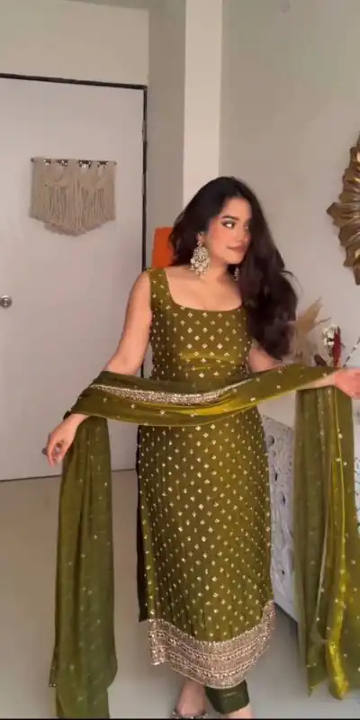 ZSR 3163 Mehendi Mehendi Fendy Silk Salwar Suit with Mirror Work & Embroidery Work. Best Price ₹2099. Delivery 4-6 Working Days. Shop now. | Jump Suits, Salwar suit, Casual Suits, Creative suits, Designer Suits, Palazzo Suits, Party Wear Suits, Patiala Suits, Straight Suits