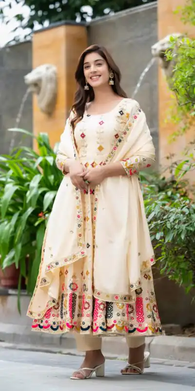 NF 1234 Cream Chinon Silk Anarkali Suit with Cut Work & Embroidery Work. Now at just ₹2599. Delivery 4-6 Working Days. Shop now. | Anarkali Suits, Bollywood Anarkali, Creative-Anarkali, Designer Anarkali, Embroidered Anarkali, Party Wear Anarkali