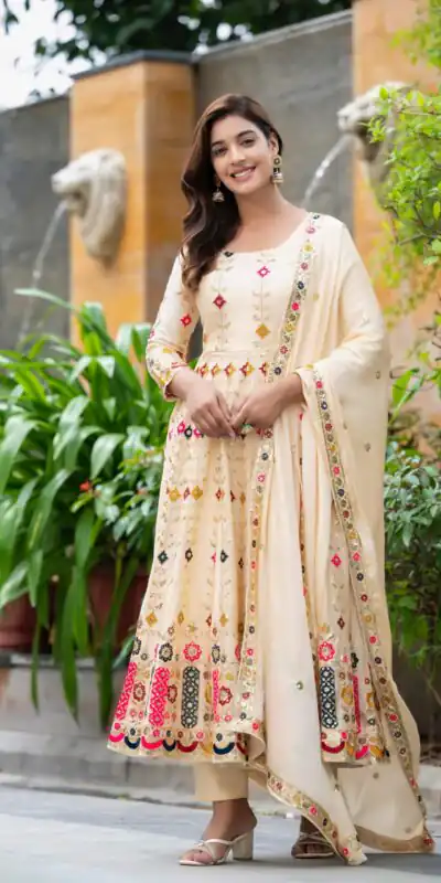 NF 1234 Cream Chinon Silk Anarkali Suit with Cut Work & Embroidery Work. Now at just ₹2599. Delivery 4-6 Working Days. Shop now. | Anarkali Suits, Bollywood Anarkali, Creative-Anarkali, Designer Anarkali, Embroidered Anarkali, Party Wear Anarkali